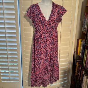 Pink Floral Wrap Midi Dress Sz: L